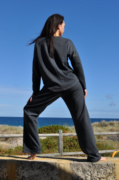 Charcoal colour. Top and Pants. Straight cut pants. Made in Australia. Australian fabrics. Australian brand for woman. Black pants. Black top. Black clothing .