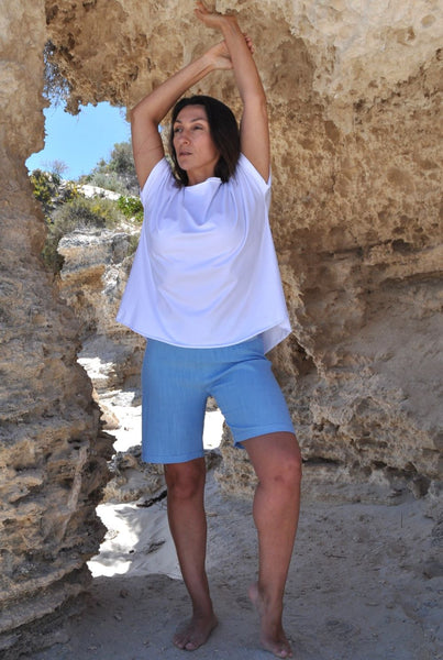 Blue shorts white top. Cotton tshirt Australia. Women apparel online. Cotton wear Australia. Plus size. 