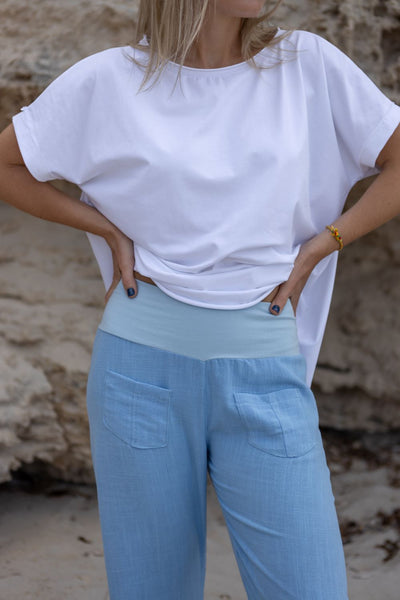 Blue pants white top. Designer wear. Australian sustainable brand. Clothing made in Australia.