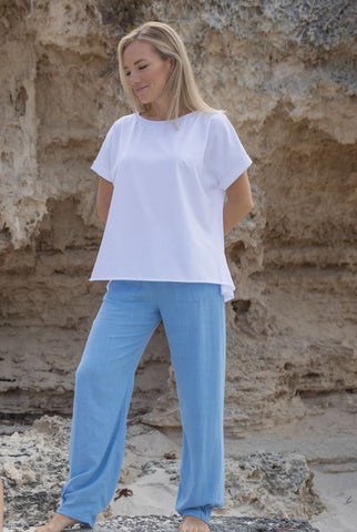Sky blue beach pants. Beach pants Australian. Australian brand . Made in Australia. women's wear. White top. Beach wear. Plus size wear.