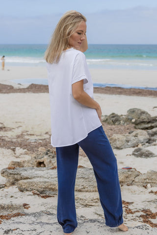 Blue linen pants. Cotton Linen pants Australia. White top. Tshirt for woman. Beach wear Australia made. Australian clothing . Women's wear made in Australia.