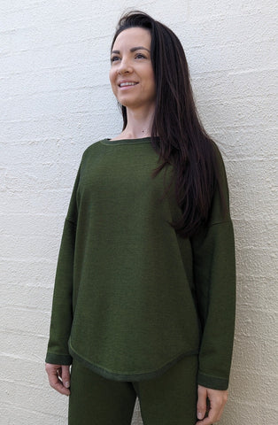 Green top long sleeve. Australian made. Free delivery. Women's wear Australia. Long sleeve top. Sustainable Australian production. Australian women apparel online. 