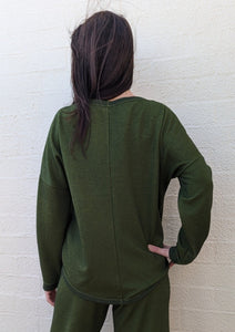 Bottle green top. Long sleeve top. Australian made clothing . Womens wear online Australia. Top and pants Straight cut pants. Boat neck top. 